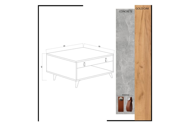 Mod Design Soffbord 80 cm med Förvaring Låda + Hylla Läderbe - Grå/Trä - Soffbord