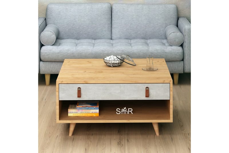 Mod Design Soffbord 80 cm med Förvaring Låda + Hylla Läderbe - Grå/Trä - Möbler - Bord & matgrupper - Soffbord