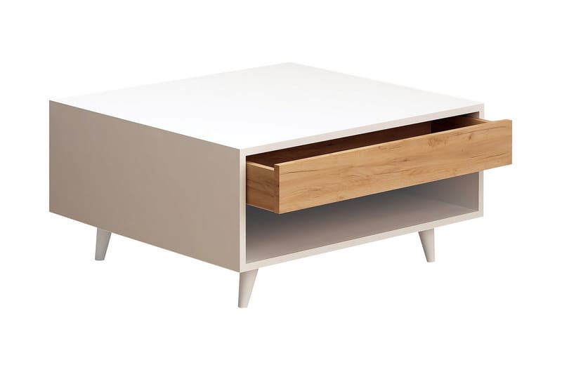 Mod Design Soffbord 80 cm med Förvaring Låda + Hylla - Trä/Vit - Soffbord