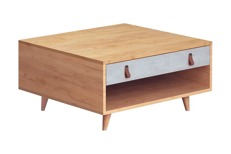 Mod Design Soffbord 80 cm med Förvaring Låda + Hylla Läderbe, Grå/Trä