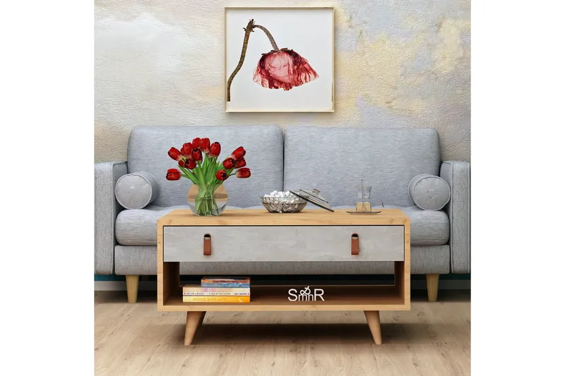 Mod Design Soffbord 80 cm med Förvaring Låda + Hylla Läderbe - Grå/Trä - Möbler - Bord & matgrupper - Soffbord