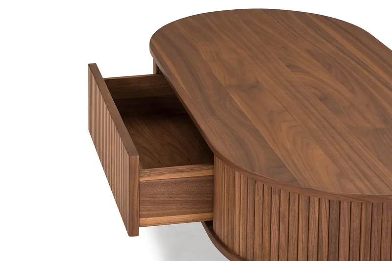 Noira Ovalt Soffbord Valnöt 118x60 cm med förvaring låda - Brun / Mörkbrunt Trä / Ribbad - Möbler - Bord & matgrupper - Soffbord