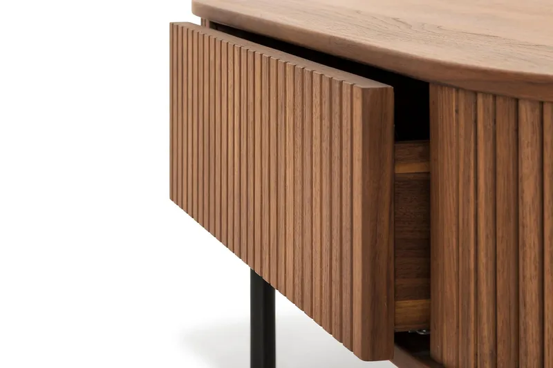 Noira Ovalt Soffbord Valnöt 118x60 cm med förvaring låda - Brun / Mörkbrunt Trä / Ribbad - Möbler - Bord & matgrupper - Soffbord