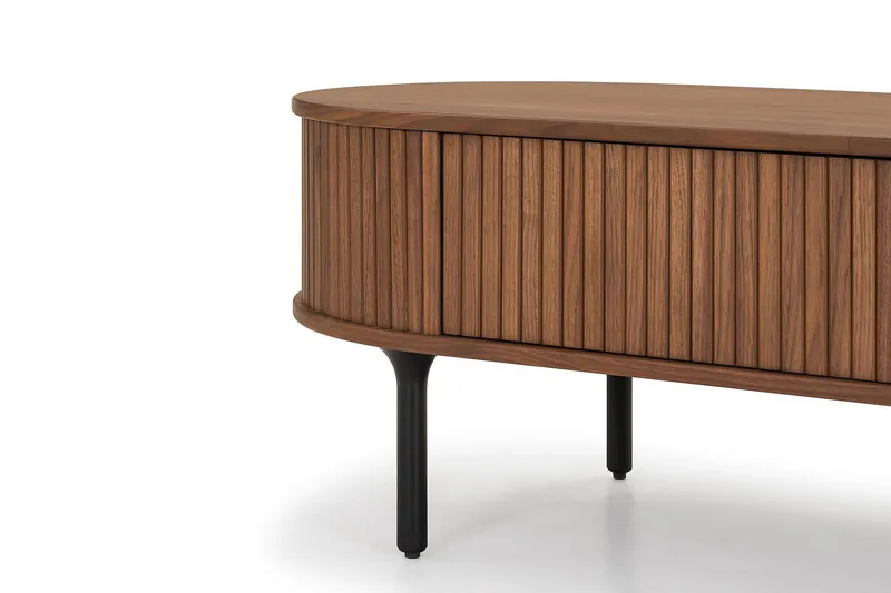 Noira Ovalt Soffbord Valnöt 118x60 cm med förvaring låda - Brun / Mörkbrunt Trä / Ribbad - Möbler - Bord & matgrupper - Soffbord