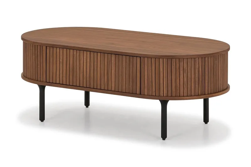 Noira Ovalt Soffbord Valnöt 118x60 cm med förvaring låda - Brun / Mörkbrunt Trä / Ribbad - Möbler - Bord & matgrupper - Soffbord