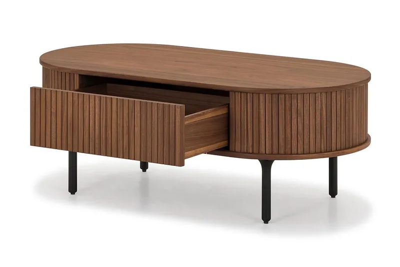Noira Ovalt Soffbord Valnöt 118x60 cm med förvaring låda - Brun / Mörkbrunt Trä / Ribbad - Möbler - Bord & matgrupper - Soffbord