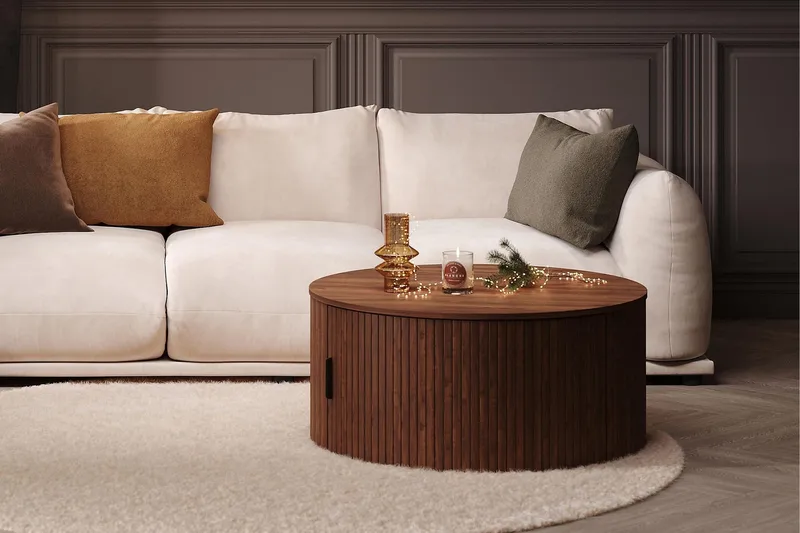 Noira Runt Soffbord 80 cm med Förvaring Låda - Valnöt / Bunt Trä - Möbler - Bord & matgrupper - Soffbord