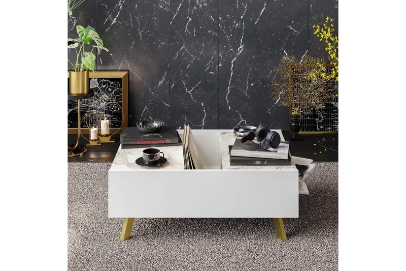 Ocotla Soffbord 90 cm med Förvaring Marmormönster - Vit/Mörkbrun - Möbler - Bord & matgrupper - Soffbord