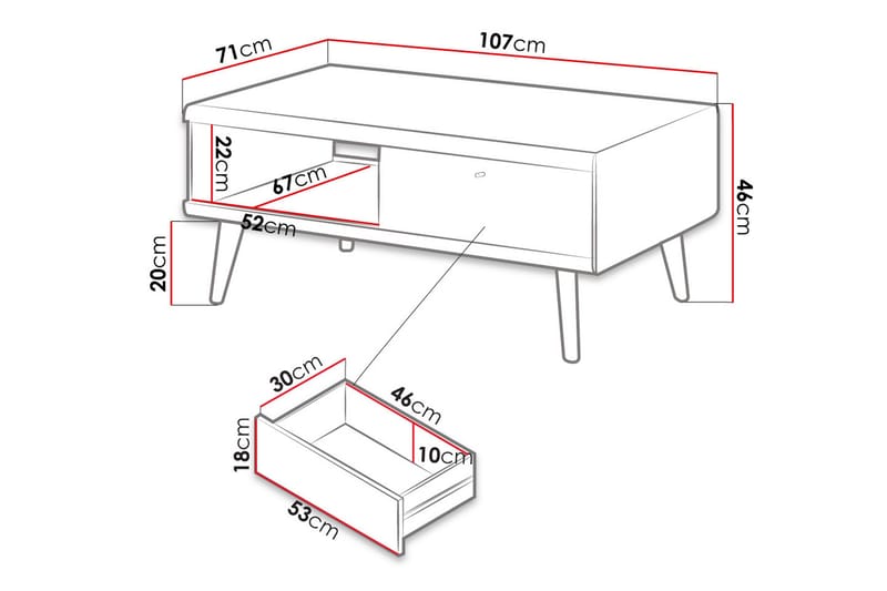 Primo Soffbord 107 cm med Förvaring 2 Lådor + Hylla - Ekfärg/Vit - Soffbord