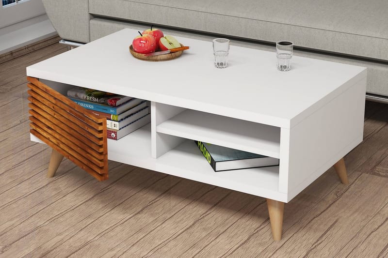 Puqa Design Soffbord 100 cm med Förvaring Hylla + Skåp - Valnötsbrun/Vit - Möbler - Bord & matgrupper - Soffbord