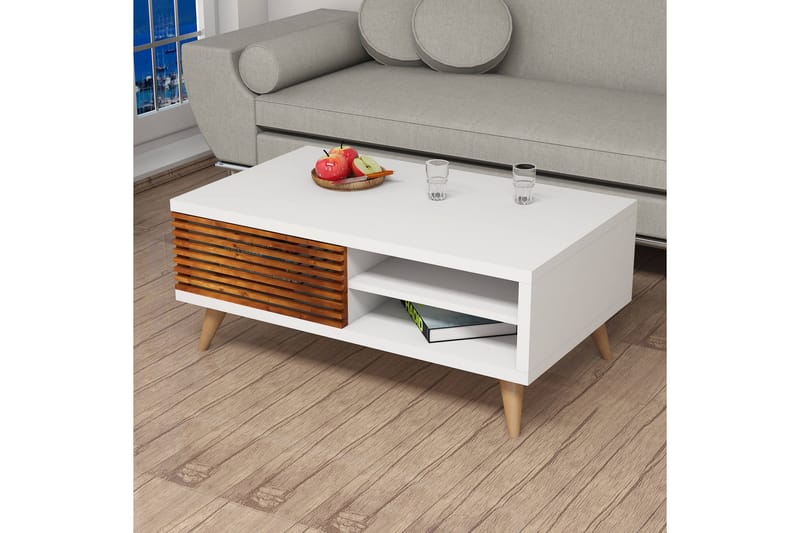 Puqa Design Soffbord 100 cm med Förvaring Hylla + Skåp - Valnötsbrun/Vit - Soffbord