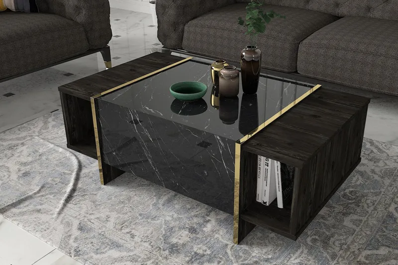 Riello Soffbord 104 cm med Förvaring Hyllor + Lucka - Svart/Guld - Möbler - Bord & matgrupper - Soffbord