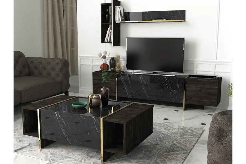 Riello Soffbord 104 cm med Förvaring Hyllor + Lucka - Svart/Guld - Möbler - Bord & matgrupper - Soffbord