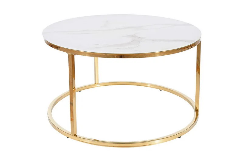 Sabines Soffbord 80 cm Runt Marmormönster, Vit/Guld/Glas