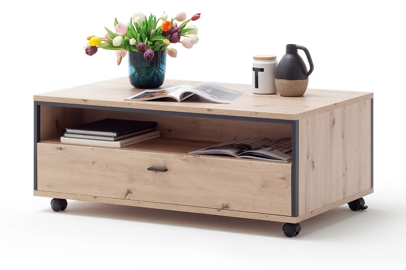 Shaginaw Soffbord 115 cm med Förvaring Låda+Hyllor på Hjul - Ekfärg/Antracit - Möbler - Bord & matgrupper - Soffbord