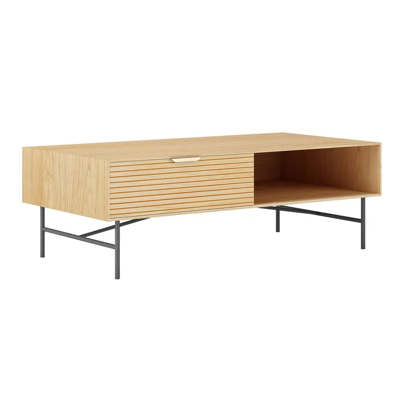 Soffbord Bassel 120x60x40 cm 3D-melamin, ljus trädekor med svarta ben/gyllene handtag