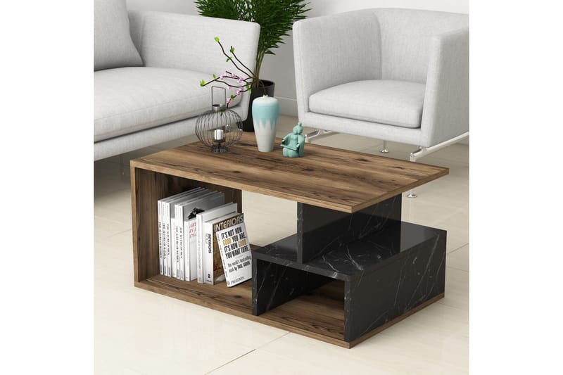 Soffbord Garavelo Soffbord 90 cm med Förvaring Hyllor Marmormönster Svart,Trä/Natur,Mörkbrun - Möbler - Bord & matgrupper - Soffbord