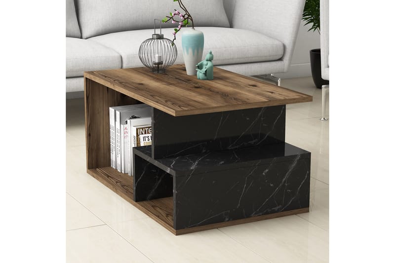 Soffbord Garavelo Soffbord 90 cm med Förvaring Hyllor Marmormönster Svart,Trä/Natur,Mörkbrun - Möbler - Bord & matgrupper - Soffbord