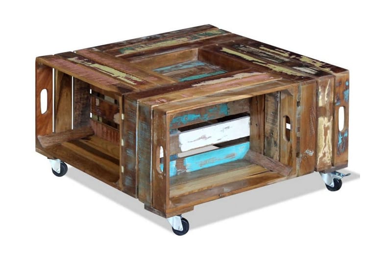 Soffbord massivt återvunnet trä 70x70x35 cm - Flerfärgad - Soffbord med hjul - Soffbord