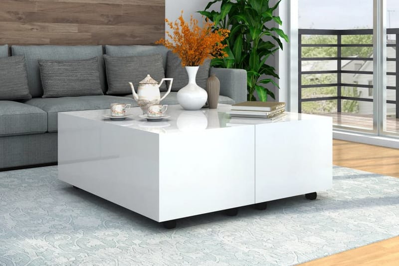 Soffbord vit högglans 100x100x35 cm - Vit - Soffbord - Soffbord med hjul