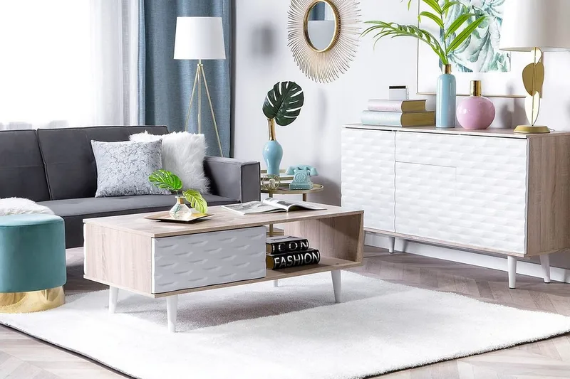 Swanea Soffbord 120 cm med Förvaring Skåp + Hylla - Ljusbrun/Vit - Möbler - Bord & matgrupper - Soffbord