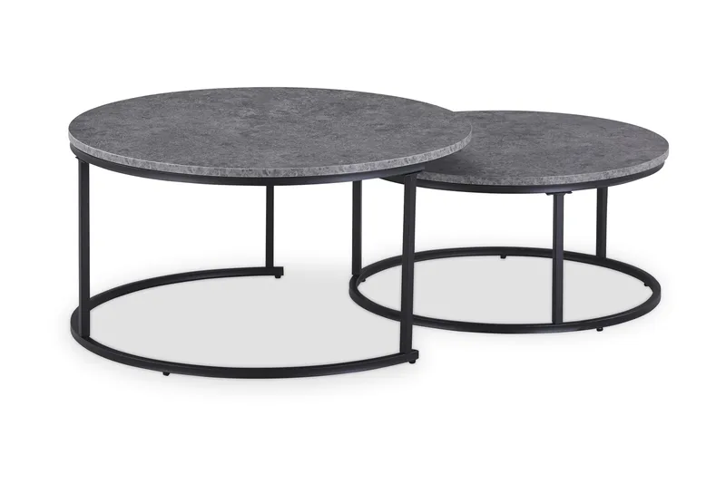 Thyra Runt Satsbord - 2 soffbord 90 och 75 cm med Stenutseende och Metallben, Grå & Svart