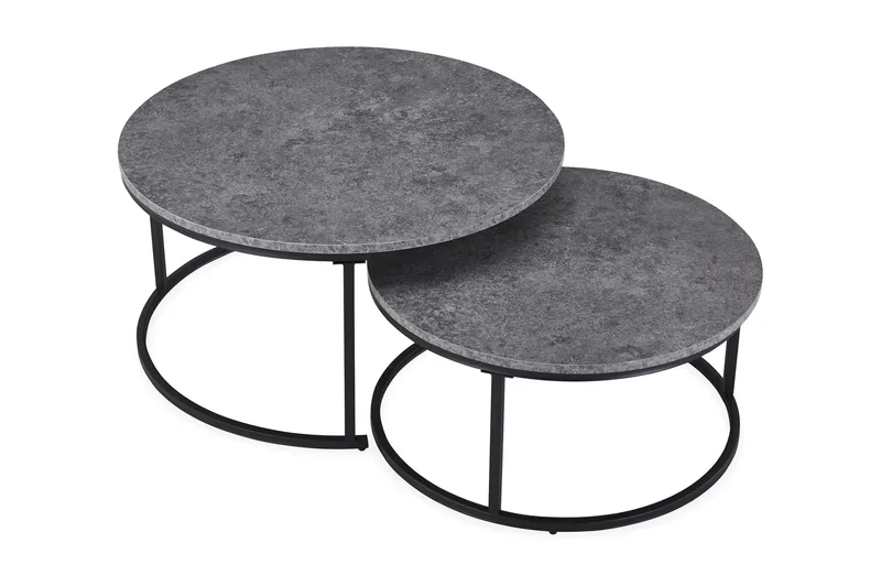 Thyra Runt Satsbord - 2 soffbord 90 och 75 cm med Stenutseende och Metallben - Grå & Svart - Möbler - Bord & matgrupper - Soffbord