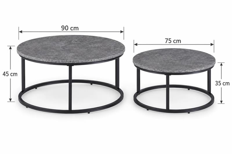 Thyra Runt Satsbord - 2 soffbord 90 och 75 cm med Stenutseende och Metallben - Grå & Svart - Möbler - Bord & matgrupper - Soffbord