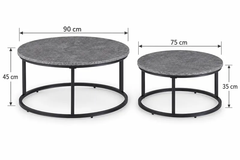 Thyra Runt Satsbord - 2 soffbord 90 och 75 cm med Stenutseende och Metallben - Grå|Svart - Möbler - Bord & matgrupper - Soffbord