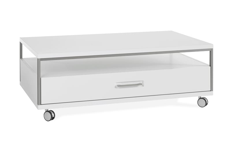 Trentona Soffbord 115 cm med Förvaring Hylla + Låda på Hjul - Vit Högglans - Möbler - Bord & matgrupper - Soffbord