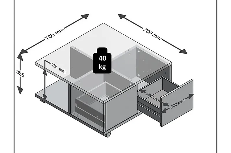 Twin Soffbord 70 cm med Förvaring Lådor på Hjul - Vit/Betonggrå - Möbler - Bord & matgrupper - Soffbord