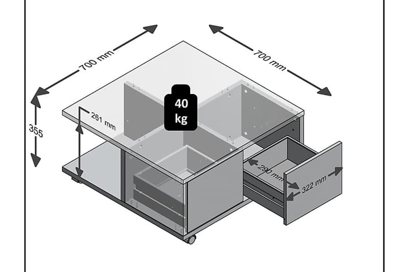 Twin Soffbord 70 cm med Förvaring Lådor på Hjul - Vit/Betonggrå - Soffbord