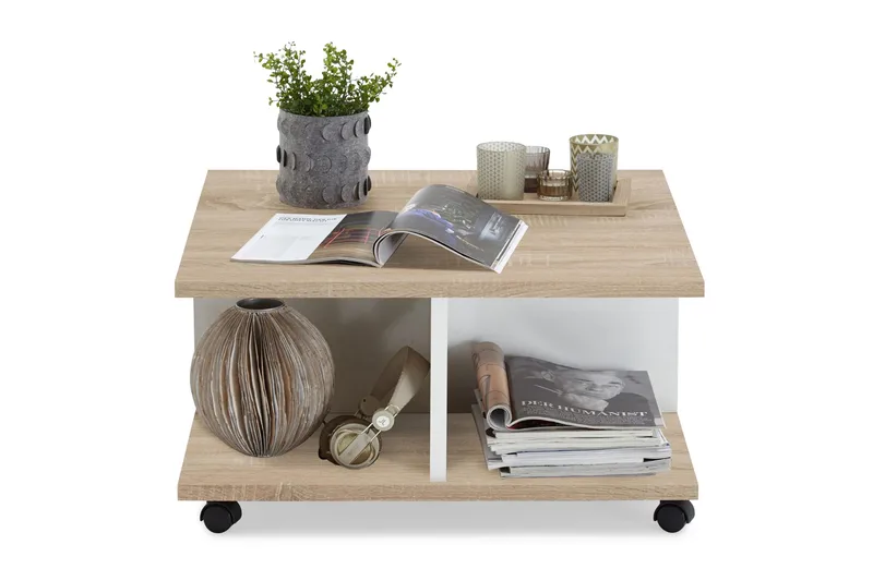 Twin Soffbord 70 cm med Förvaring Lådor på Hjul - Vit/Ljus Ekfärg - Möbler - Bord & matgrupper - Soffbord