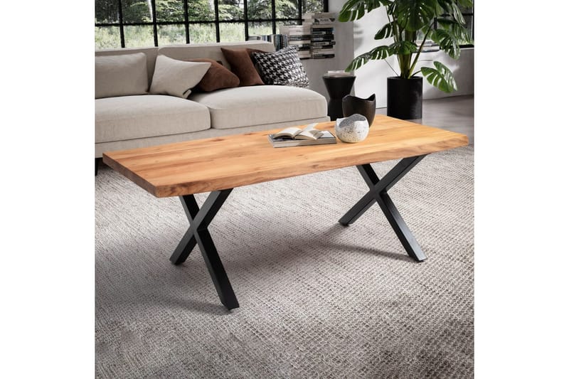 Soffbord Wohnling 120 cm massivt trä träd kant rektangulärt lantligt hus Svart, X-ram - Svart, X-ram - Möbler - Bord & matgrupper - Soffbord