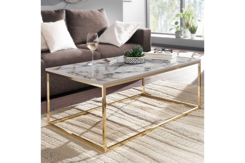 Soffbord Wohnling marmorutseende, rektangulär elegant, modern stil Guld, Marmorvit - Guld, Marmorvit - Möbler - Bord & matgrupper - Soffbord
