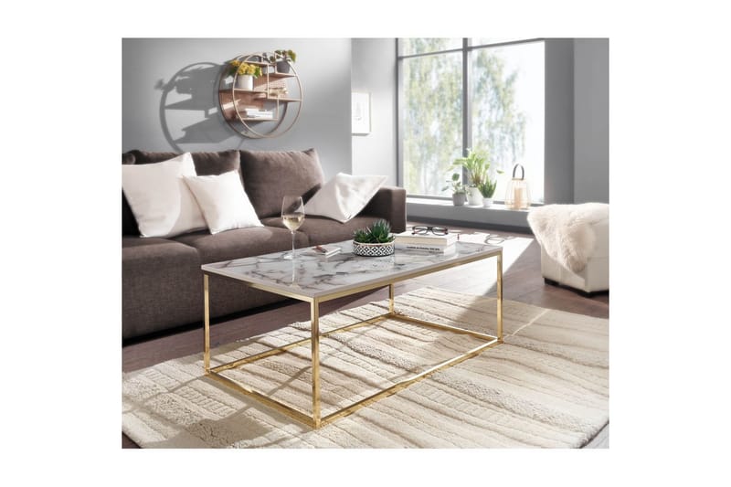 Soffbord Wohnling marmorutseende, rektangulär elegant, modern stil Guld, Marmorvit - Guld, Marmorvit - Möbler - Bord & matgrupper - Soffbord