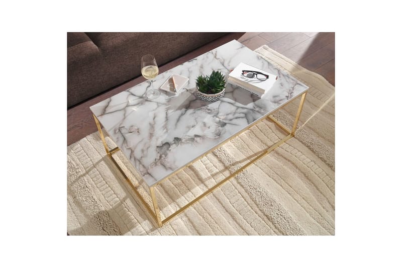 Soffbord Wohnling marmorutseende, rektangulär elegant, modern stil Guld, Marmorvit - Guld, Marmorvit - Möbler - Bord & matgrupper - Soffbord