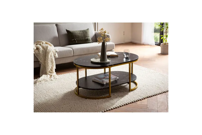 Soffbord Wohnling marmorutseende ovalt 100 cm med förvaringshylla, Bauhaus-stil Marmor Svart - Marmor Svart - Möbler - Bord & matgrupper - Soffbord