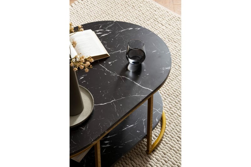 Soffbord Wohnling marmorutseende ovalt 100 cm med förvaringshylla, Bauhaus-stil Marmor Svart - Marmor Svart - Möbler - Bord & matgrupper - Soffbord