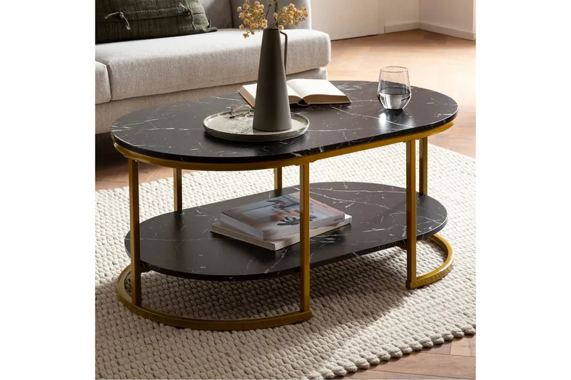Soffbord Wohnling marmorutseende ovalt 100 cm med förvaringshylla, Bauhaus-stil Marmor Svart - Marmor Svart - Möbler - Bord & matgrupper - Soffbord