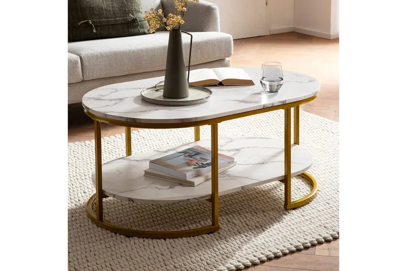 Soffbord Wohnling marmorutseende ovalt 100 cm med förvaringshylla, Bauhaus-stil Marmor Vit - Marmor Vit - Möbler - Bord & matgrupper - Soffbord