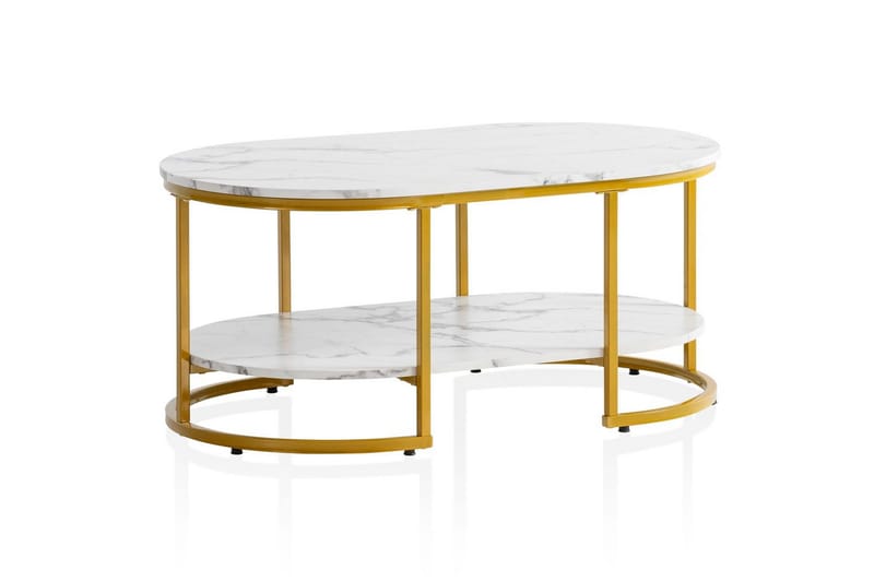 Soffbord Wohnling marmorutseende ovalt 100 cm med förvaringshylla, Bauhaus-stil Marmor Vit - Marmor Vit - Möbler - Bord & matgrupper - Soffbord
