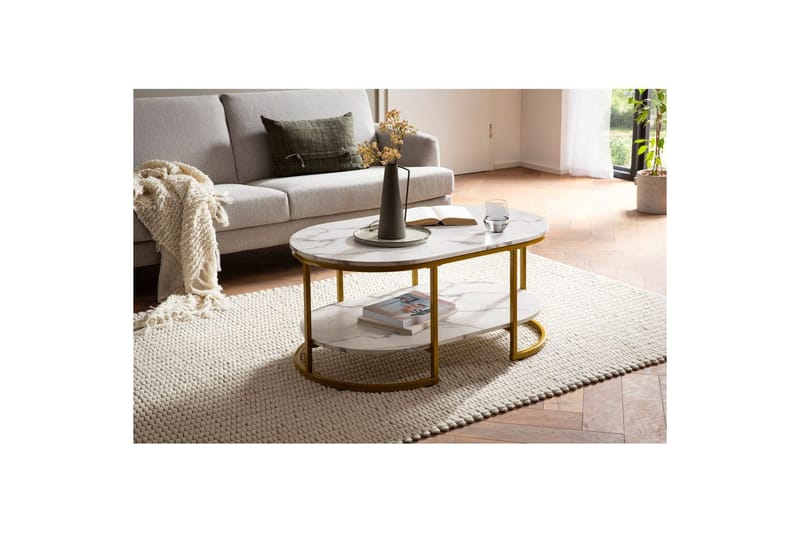 Soffbord Wohnling marmorutseende ovalt 100 cm med förvaringshylla, Bauhaus-stil Marmor Vit - Marmor Vit - Möbler - Bord & matgrupper - Soffbord