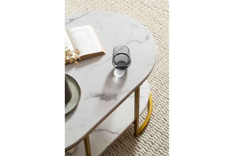 Soffbord Wohnling marmorutseende ovalt 100 cm med förvaringshylla, Bauhaus-stil Marmor Vit - Marmor Vit - Möbler - Bord & matgrupper - Soffbord