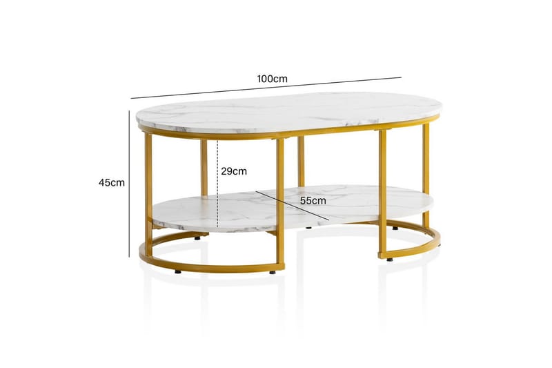 Soffbord Wohnling marmorutseende ovalt 100 cm med förvaringshylla, Bauhaus-stil Marmor Vit - Marmor Vit - Möbler - Bord & matgrupper - Soffbord