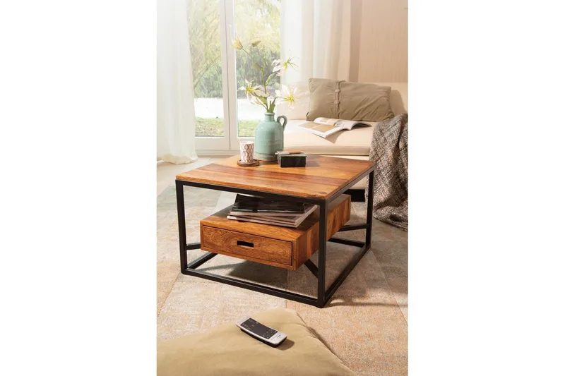 Soffbord Wohnling Massivt fyrkantigt trä i lantlig stil med lådbricka - Möbler - Bord & matgrupper - Soffbord