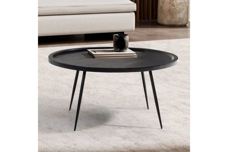 Soffbord Wohnling massivt trä, rund 75 cm med nålben, herrgårdsstil Svart - Svart - Möbler - Bord & matgrupper - Soffbord