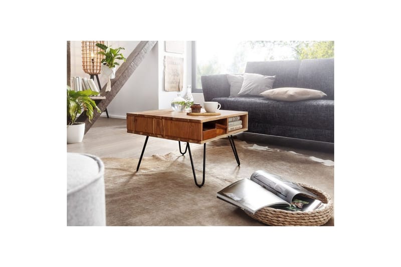 Soffbord Wohnling Massivt trä 60 cm fyrkantig med 4 förvaringsbrickor lantligt - Möbler - Bord & matgrupper - Soffbord