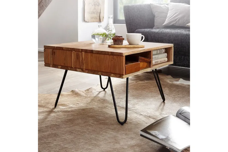 Soffbord Wohnling Massivt trä 60 cm fyrkantig med 4 förvaringsbrickor lantligt - Möbler - Bord & matgrupper - Soffbord