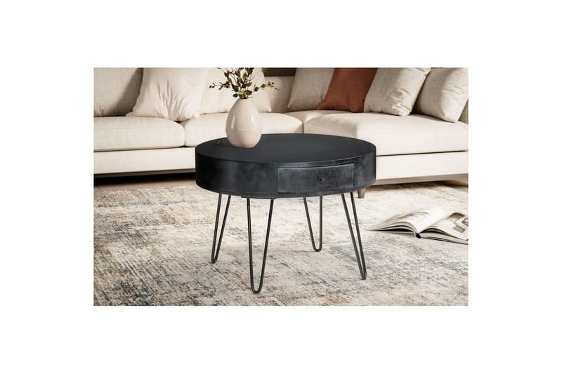 Soffbord Wohnling massivt trä 60 cm rund med låda, lantlig stil Svart - Svart - Möbler - Bord & matgrupper - Soffbord